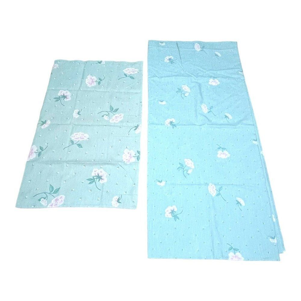 Vintage 70s Burlington Caress Green Pink Rose Full Flat Sheet Pillowcase Set